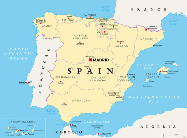 Испания, автономные сообщества, политическая карта. Административное деление первого уровня с ограниченной автономией на 17 автономных общин и два города Сеута и Мелилья. Иллюстрация. Вектор