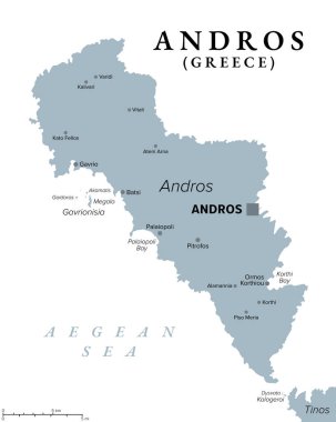 Andros, Yunan adası, gri politik harita. Ege Denizi 'nin kuzeyindeki Cyclades adası, Tinos' un kuzeyi. Aynı ismin başkenti ve en büyük kasaba Andros ile. İllüzyon. Vektör
