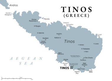 Tinos, Ege Denizi 'ndeki Yunan adası, gri siyasi harita. Cyclades takımadasının bir parçası, Andros 'un güneyinde. Yunan Ortodoks Hıristiyanları için büyük bir hac alanı. Başkenti ve en büyük kenti Tinos 'tur..