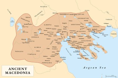 Antik Makedonya, Macedon, Roma istilasından önce yaklaşık sınırları olan tarih haritası. Antik ve Klasik Yunanistan 'ın çevresindeki krallık, daha sonra Helenistik Yunanistan' ın egemen devleti haline geldi.