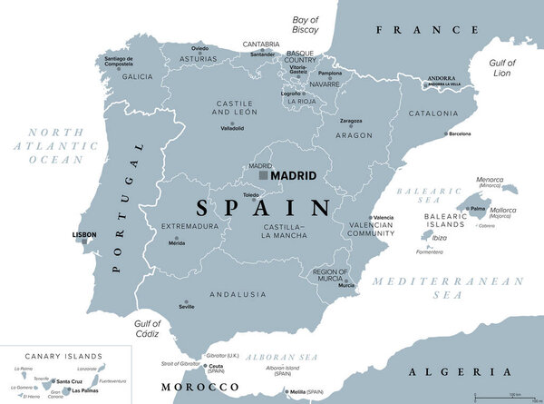 Испания, автономные сообщества, серая политическая карта. Административное деление первого уровня с ограниченной автономией до 17 автономных общин и двух городов Сеута и Мелилья. Иллюстрация. Вектор