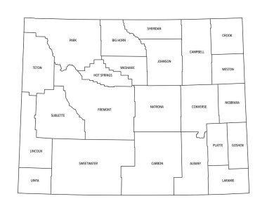 Wyoming Eyaleti, 23 ilçeye bölünmüş, ana hat haritası. Amerika Birleşik Devletleri 'nin Batı Dağ Bölgesi' nde bulunan Equality State, Cowboy State ve Big Wyoming takma adlarıyla anılır. İzole illüstrasyon.