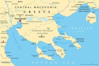 Selanik ve Chalkidiki, Yunanistan 'ın bölgesel birimleri, siyasi harita. Selanik, Yunanistan 'ın ikinci büyük kenti, Ege Denizi' ndeki büyük Chalkidiki yarımadası ve otonom Athos Dağı bölgesi.