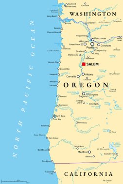 Oregon sahili, politik harita. ABD 'nin Oregon eyaletinin kıyı bölgesi, batıda Pasifik Okyanusu ve doğuda Oregon Sahil Sırası ile çevrelenmiş, Columbia Nehri' nden Kaliforniya sınırına kadar uzanır..