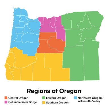 Oregon 'un ana bölgeleri, politik haritalar. ABD 'nin Pasifik Kuzeybatısında eyalet, Willamette Vadisi ile Kolombiya Nehri Boğazı, Orta, Doğu, Güney ve Kuzeybatı Oregon' un 5 bölgesine bölünmüştür..