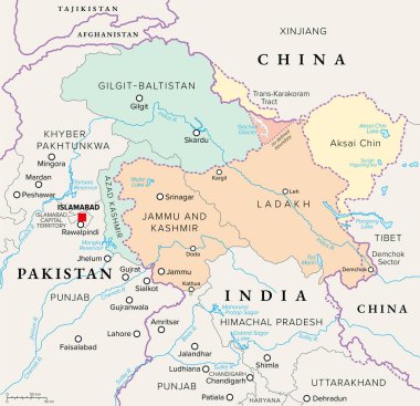 Kaşmir, Güney Asya bölgesi, politik harita. Hindistan, Pakistan ve Çin arasında Jammu ve Kashmir, Ladakh, Azad Kashmir, Gilgit-Baltistan, Aksai Chin ve Trans-Karakoram Tract 'i kapsayan anlaşmazlıklar yaşandı..