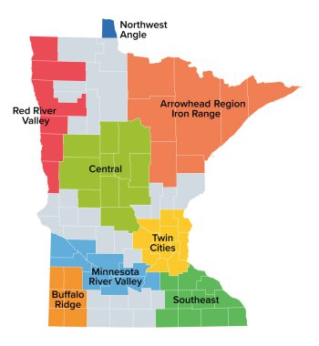 Minnesota, ABD 'nin orta batısında yer alan bir eyalet. Arrowhead Region ya da Iron Range, Buffalo Ridge, Central, Minnesota River Valley, Northwest Angle, Red River Valley, Southeast, Twin Cities.