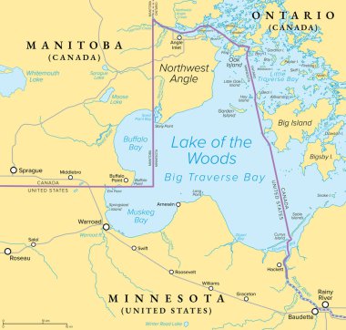 Kuzeybatı açısı, politik harita. Woods County, Minnesota 'nın kuzeyindeki bir ekklav, Kanada ve ABD arasında bir sınır oluşturmaktadır. Basitçe Açı olarak biliniyor ve Açı Kasabası 'yla iç içe..