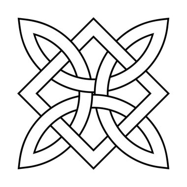Çapraz kareli Kelt dörtlü düğüm. Kelt deseni, dört sonsuz bağlı yay tarafından oluşturulmuş, bir kareyle iç içe geçmiş. Ortaçağ Hıristiyan süslemelerinde kullanılan ruhani ve dini bir sembol..