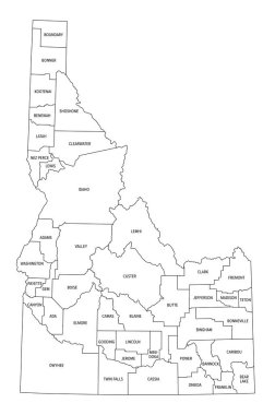 Idaho Eyaleti, 44 ilçeye bölünmüş, sınırları ve ilçe isimlerini gösteren bir harita. Amerika Birleşik Devletleri 'nin Batı Dağ Bölgesi' nde bulunan Gem State ya da Patates Eyaleti lakaplı bir eyalet. Vektör