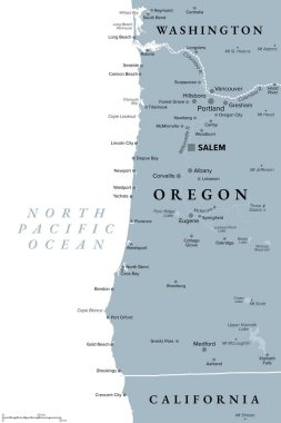 Oregon Sahili, gri politik harita. ABD 'nin Oregon eyaletinin kıyı bölgesi, batıda Pasifik Okyanusu ve doğuda Oregon Sahil Sırası ile çevrelenmiş, Columbia Nehri' nden Kaliforniya sınırına kadar uzanıyor..