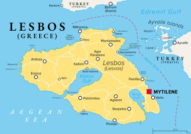 Lezbiyenler, Yunan adası, politik harita. Kuzeydoğu Ege Denizi 'nde yer alan Lesvos, dar Mytilini Boğazı ile Küçük Asya' dan ayrılmış ve başkenti ve en büyük kenti Mytilene 'dir..