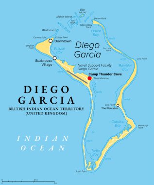 Diego Garcia, Chagos Takımadaları 'nın en büyük adası, politik harita. İngiliz Hint Okyanusu Toprakları, BIOT, ve Birleşik Krallık ve Amerika Birleşik Devletleri ortak askeri tesisi.
