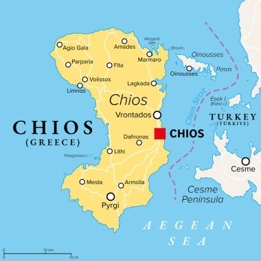Chios, Ege Denizi 'ndeki Yunan adası, siyasi harita. Geleneksel adıyla Scio ve Kuzey Ege Adaları 'nın bir kısmı, Chios Boğazı ve başkent Chios ile Türkiye' den ayrılmıştır..