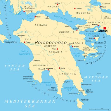 Moreloponnese, Güney Yunanistan 'da bir yarımada ve coğrafi bölge. Bölgesel birimler ve koltukları ile siyasi harita. Balkanlar 'ın güneyindeki Peloponnesus ya da Morea olarak da bilinir. Vektör
