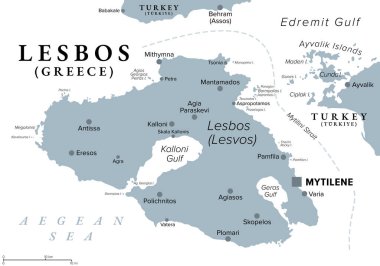 Lezbiyenler, Yunan adası, gri politik harita. Kuzeydoğu Ege Denizi 'nde yer alan Lesvos, Mytilini Boğazı ile Küçük Asya' dan ayrılmış ve başkenti ve en büyük kenti Mytilene 'dir..