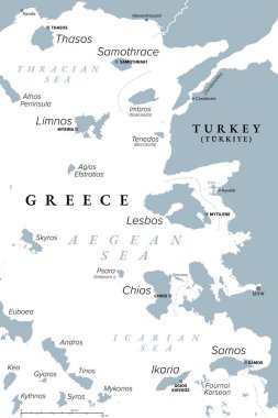 Yunan Kuzey Ege Adaları, gri politik harita. Kuzeydoğu Ege Adaları fiziksel bir zincir veya grup oluşturmamakla birlikte, sık sık turizm veya idari amaçlar için bir araya gelirler..