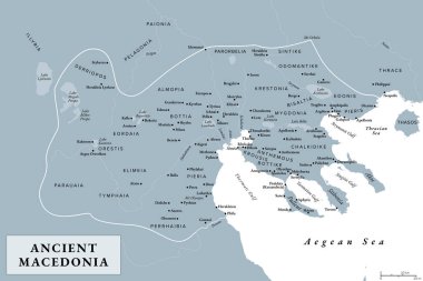 Antik Makedonya, Macedon, Roma istilasından önce yaklaşık sınırları olan gri tarih haritası. Antik ve Klasik Yunanistan 'ın çevresindeki krallık, daha sonra Helenistik Yunanistan' ın baskın devleti oldu.