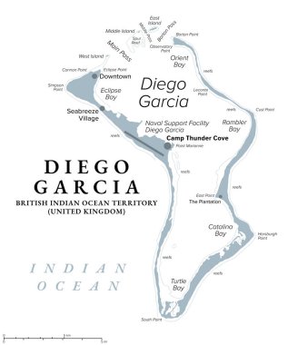 Diego Garcia, Chagos Takımadaları 'nın en büyük adası, gri politik harita. İngiliz Hint Okyanusu Toprakları, BIOT ve Birleşik Krallık ve Amerika Birleşik Devletleri 'nin Ortak Askeri Tesisi.