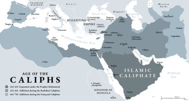Halifelerin çağı, İslam Halifeliğinin tarih haritası 622 'den 750' ye kadar. Peygamber Muhammed 'in yönetiminde Rashidun Halifeliği ve Umayyad Halifeliği döneminde eklenen genişleme. Vektör