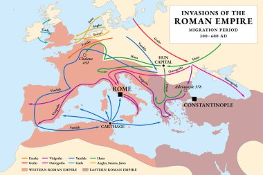Roma İmparatorluğu 'nun istilası, tarihi harita. Göç Dönemi, ya da Barbar İstilası, M.Ö. 300 'den 600' e kadar. Avrupa tarihinde çeşitli kabileler tarafından büyük ölçekli göçlerle işaretlenmiş bir dönem..