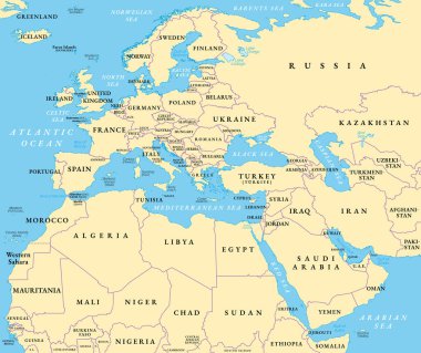 Avrupa, Ortadoğu ve Kuzey Afrika, uluslararası sınırları olan politik haritalar. Avrupa kıtasının, Orta Doğu 'nun jeopolitik bölgesinin ve Afrika kıtasının kuzey kesiminin genel görünümü.
