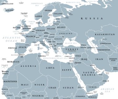 Avrupa, Ortadoğu ve Kuzey Afrika, uluslararası sınırları olan gri politik harita. Avrupa kıtasının, Orta Doğu 'nun jeopolitik bölgesinin ve Afrika kıtasının kuzey kesiminin genel görünümü.