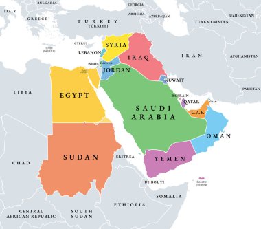 Mashriq, çok renkli politik harita. Orta Doğu 'nun Arapça karşılığı olan Arap Maşriq ve Batı Bölgesi olan Maghreb' e karşı olan Arap Dünyası 'nın doğu kısmı olarak da bilinir..