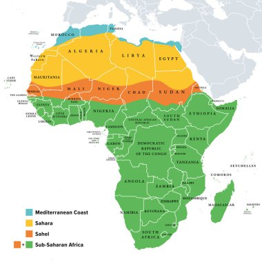 Sahara, Sahel ve Sahra altı Afrika, renkli politik harita. Sahra, dünyanın en büyük sıcak çölü ve Kuzey Afrika 'nın çoğu. Bunun güneyinde Sahra Çölü 'nün bir parçası olan Sahelia akasya savanası var..