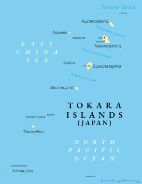 Tokara Adaları, Japonya ada grubu, politik harita. Nansei Adaları 'ndaki takımadalar, Satsunan Adaları ve Ryukyu Takımadaları' nın bir parçası, Toshima Köyü, Kagoshima Bölgesi 'ne ait..