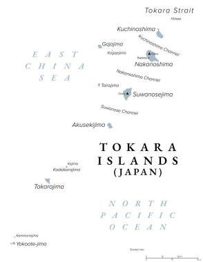Tokara Adaları, Japonya ada grubu, gri politik harita. Nansei Adaları 'ndaki takımadalar, Satsunan Adaları' nın bir kısmı ve Kagoshima Bölgesi Toshima Köyü 'ne bağlı Ryukyu Takımadası..