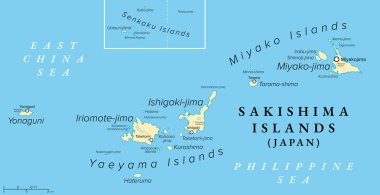 Sakishima Adaları, Japonya, politik harita. Okinawa Bölgesi 'nin bir parçası olarak yönetilen Miyako, Yaeyama ve Senkaku Adaları da dahil olmak üzere Ryukyu Adaları' nın bir parçası olan Japon Takımadaları 'nın güneyinde yer alır..