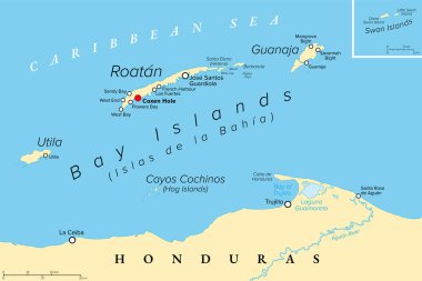 Bay Adaları, Honduras, politik harita. Körfez Adaları Departmanı, Honduras 'ın Karayipler kıyısında, başkenti Coxen Hole olan bir grup ada. Roatan, Guanaja, Utila, Kuğu Adaları ve Cayos Cochinos.