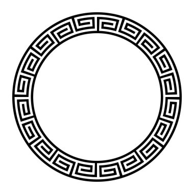 Yunan anahtar deseni, dairesel sınır. Daha dolambaçlı şekilli dekoratif daire çerçeve, dikdörtgen spirallerden oluşan tekrarlanan motif. Geometrik ve simetrik bant iki daire içinde. Siyah ve beyaz.