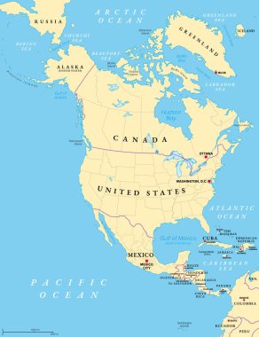 Kuzey Amerika, eyaletlerin, eyaletlerin ve Kanada, ABD ve Meksika topraklarının siyasi haritası. Güney Amerika, Karayip Denizi, Arktik, Atlantik ve Pasifik Okyanusu ile sınırlıdır..