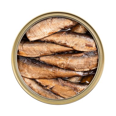 Açık bir teneke kutuda tütsülenmiş domuz yağı. Tütsülenmiş Avrupa lahanası. Sprattus sprattus, Baltık balıkçılığı olarak da bilinen küçük bir deniz balığı, sardalya, kaptanlık ya da beyaz yem..
