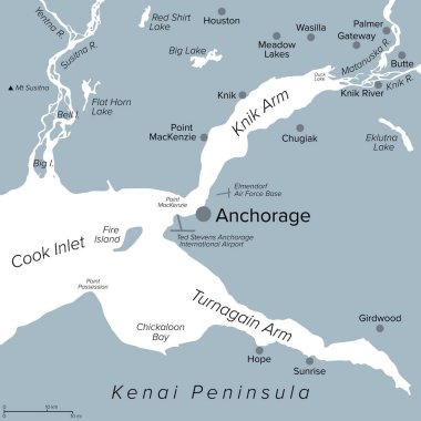 Anchorage ve çevresi, gri politik harita. Anchorage Belediyesi ve ABD 'nin Alaska eyaletindeki en kalabalık şehir. Knik ve Turnagain Arm tarafından oluşturulan yarımadada Cook Körfezi 'nin son durağında yer almaktadır..