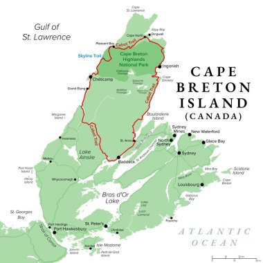 Kanada 'nın Nova Scotia eyaletindeki Cape Breton Adası haritası kırmızı ile işaretlenmiş Cabot Patikası, Cape Breton Highlands' da ve Skyline Trail 'in mavi ile işaretlenmiş manzaralı bir otoyol..