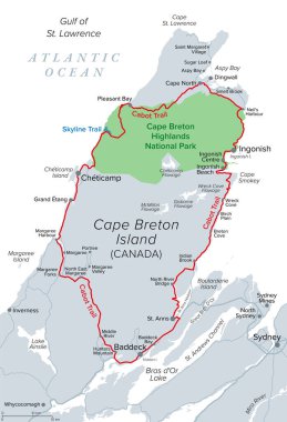 Cabot Yolu 'nun haritası, Kanada' nın Nova Scotia eyaletindeki Cape Breton Adası 'nda. Cabot Patikası kırmızıyla işaretlenmiş, Cape Breton Highlands Ulusal Parkı 'ndan geçen manzaralı bir otoyol..