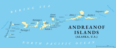 Andreanof Adaları, Alaska, Amerika Birleşik Devletleri, politik harita. Aleutian Adaları 'nda, Amchitka Geçidi ile Amukta Geçidi arasında, Adak ile birlikte ABD' nin en batısındaki Adak Adası 'nda bir grup ada..