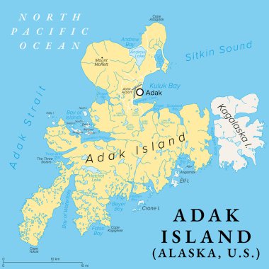 Adak Adası, Alaska, Amerika Birleşik Devletleri, politik harita. Ayrıca Alaska 'daki Aleutian Adaları' nın bir parçası olan Andreanof Adaları 'nın bir adasıdır. Adak 'la, Amerika' nın en batısındaki şehir..
