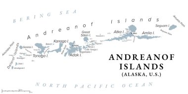 Andreanof Adaları, Alaska, Amerika Birleşik Devletleri, gri politik harita. Amukta Geçidi ile Amchitka Geçidi arasındaki Aleutian Adaları 'ndaki bir grup ada, Adak ile birlikte ABD' nin en batısındaki Adak Adası 'nda..