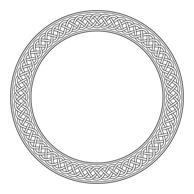 Kelt kablo örgüsü deseni, ya da örgü deseni, dairesel çerçeve şeklinde. Üst üste binen ve çizgileri aşan dekoratif sınır örülmüş ve çok katmanlı bir doku oluşturuyor. İzole edilmiş, siyah beyaz.