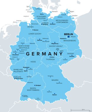 Almanya, Orta Avrupa 'da başkenti Berlin olan bir ülke, mavi politik harita. Almanya Federal Cumhuriyeti, başkentleri ve en büyük şehirleri ile 16 kurucu eyalete ayrılmıştır. Vektör