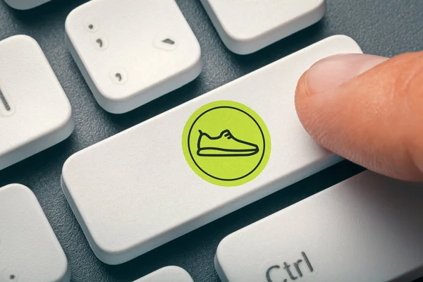 Male Finger Pressing Computer Key Step Token Logo Cryptocurrrency Exchange — Stock Photo, Image