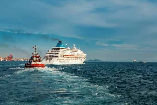 stock image Istanbul-Turkey, May 28, 2016: Celestyal cruises ship sailing in the bosphorus in Istanbul, Turkey. Istanbul, most popular tourism destination for Russian, Ukrainian, German, British tourists. 