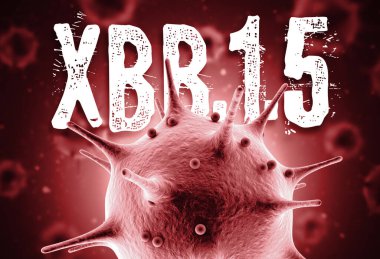 Coronavirus Omicron XBB.1.5 alt değişken 3d yorumlama konsepti: Havada yüzen bulanık virüs hücrelerinin önünde Macro coronavirus hücresi ve XBB1.5 metin. 
