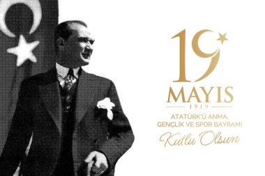 Turkish national holiday vector illustration. 19 mayis Ataturk'u Anma, Genclik ve Spor Bayrami Kutlu Olsun. English: 