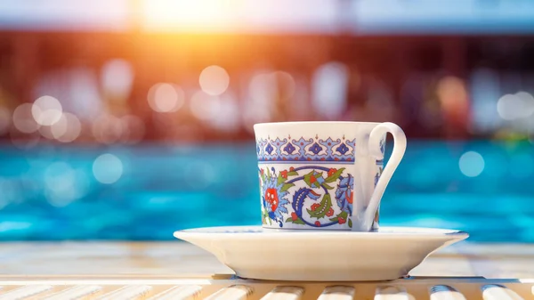 Closeup Photo Turkish Coffee Porcelain Cup Swimming Pool Hot Summer — Stock Photo, Image