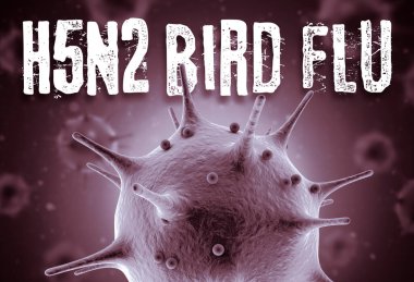 H5N2 kuş gribi 3d canlandırma konsepti: Havada yüzen bulanık virüs hücrelerinin önündeki Makro virüs hücresi ve A (H5N2) Kuş gribi metni. 